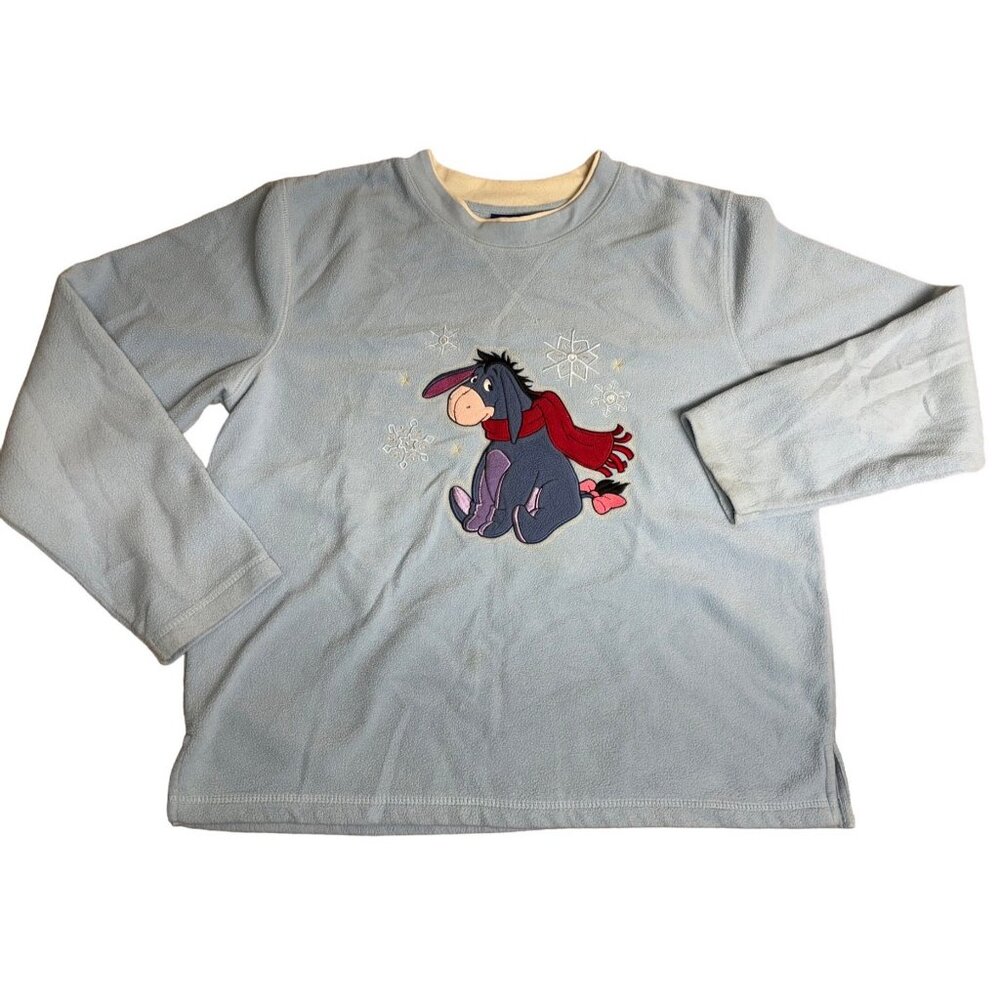 Disney Eeyore Fleece Sweatshirt XL Light Blue Winter Snowflakes Design Vintage